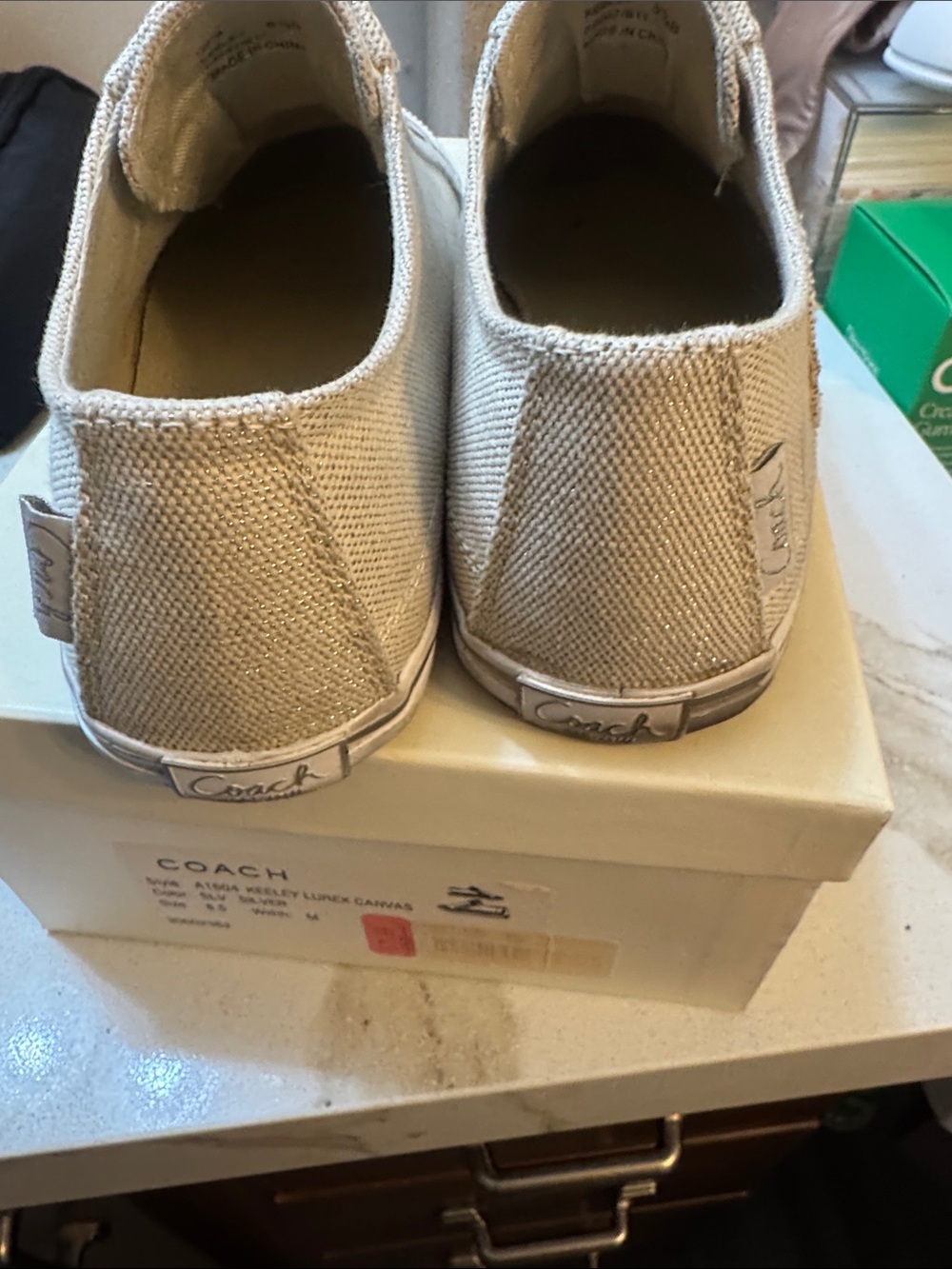 Coach Beige Canvas Slip-On Sneakers with Tan Leather Logo - Picture 4 of 7